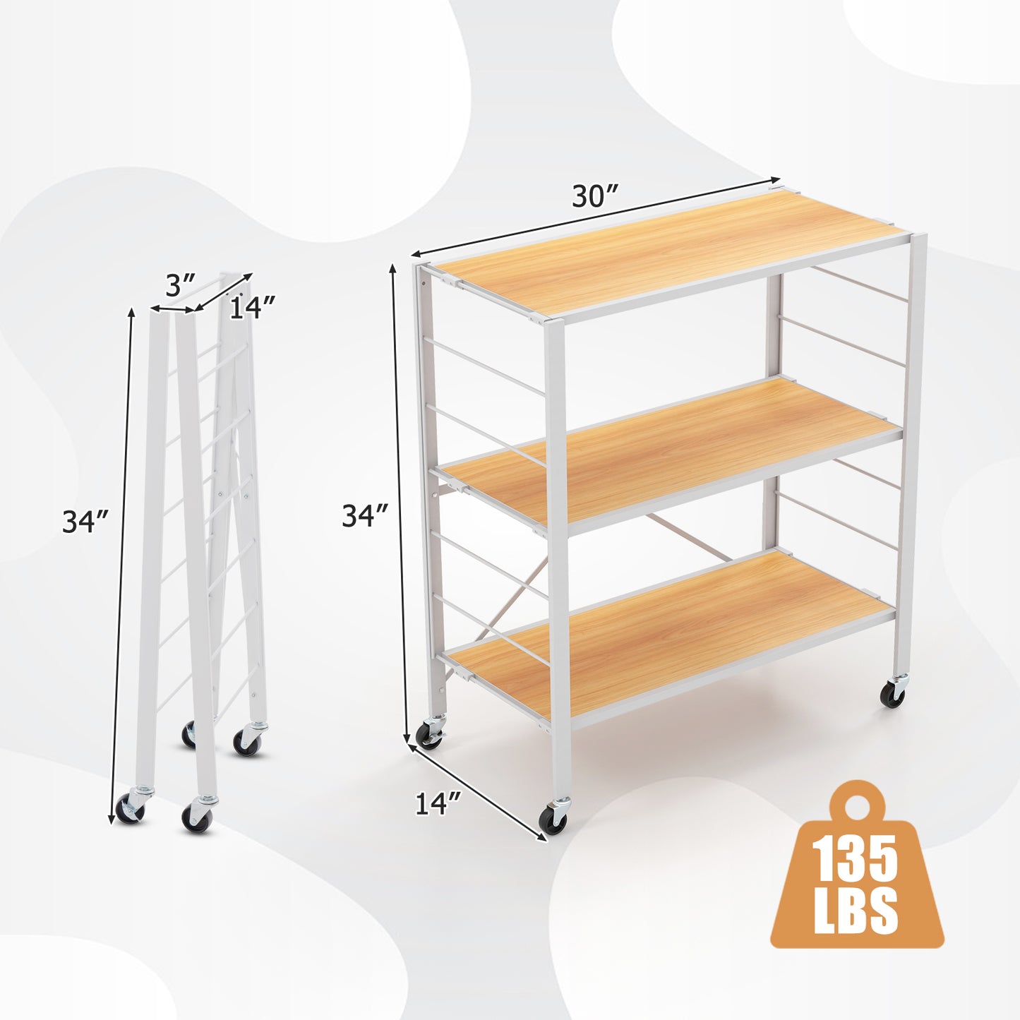 3-Tier Foldable Shelving Unit with Detachable Wheels and Adjustable Shelves-Natural