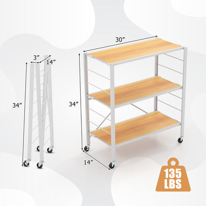3-Tier Foldable Shelving Unit with Detachable Wheels and Adjustable Shelves-Natural