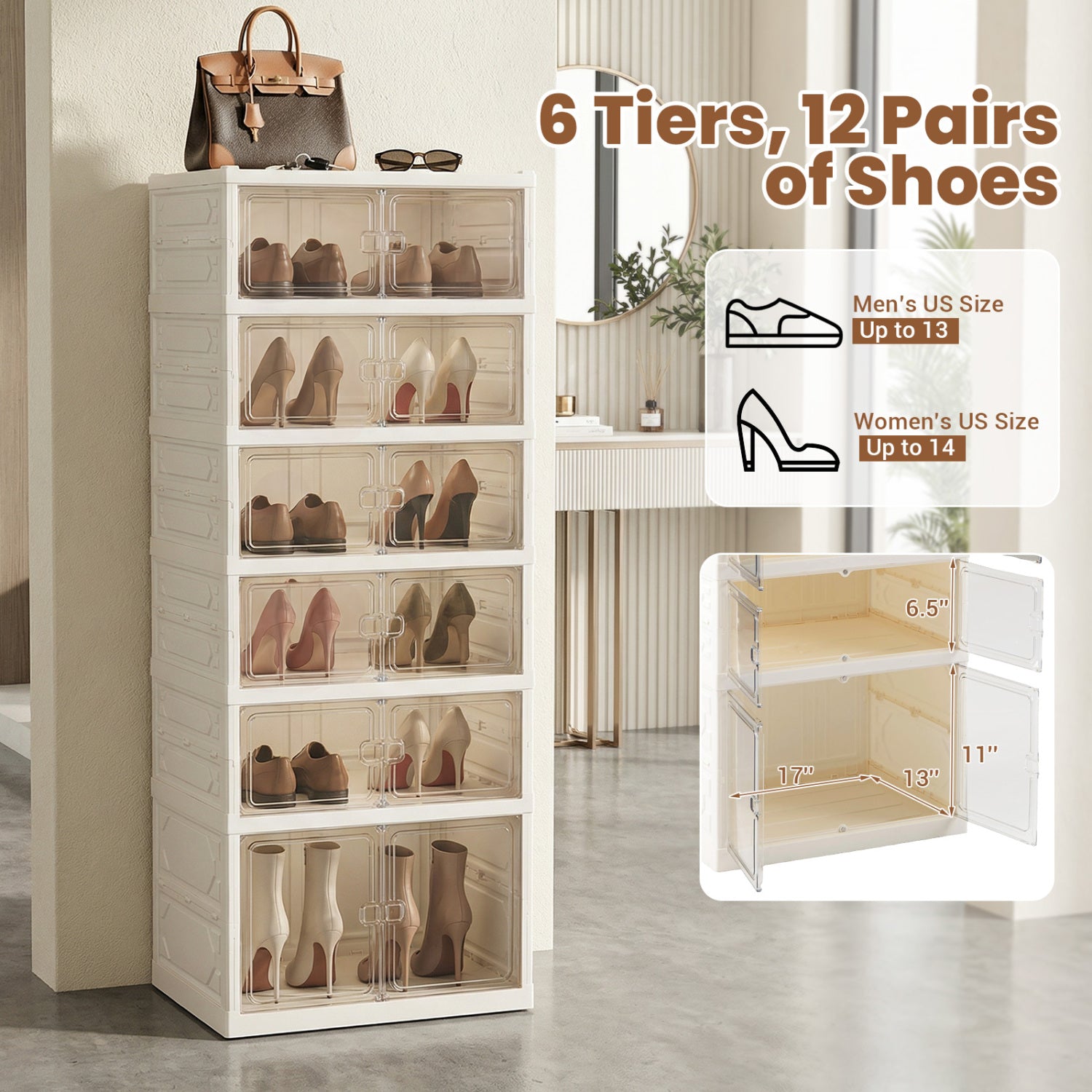 Foldable Shoe Rack Organizer 12-Pair 6-Tier Collapsible Shoe Cabinet