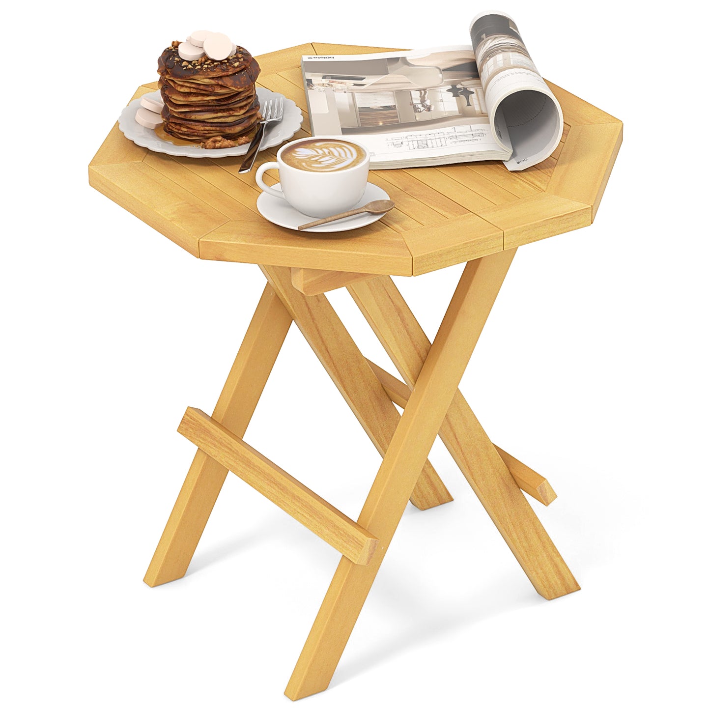 Teak Wood Octagon Coffee Table with X-shaped Legs and Slatted Tabletop