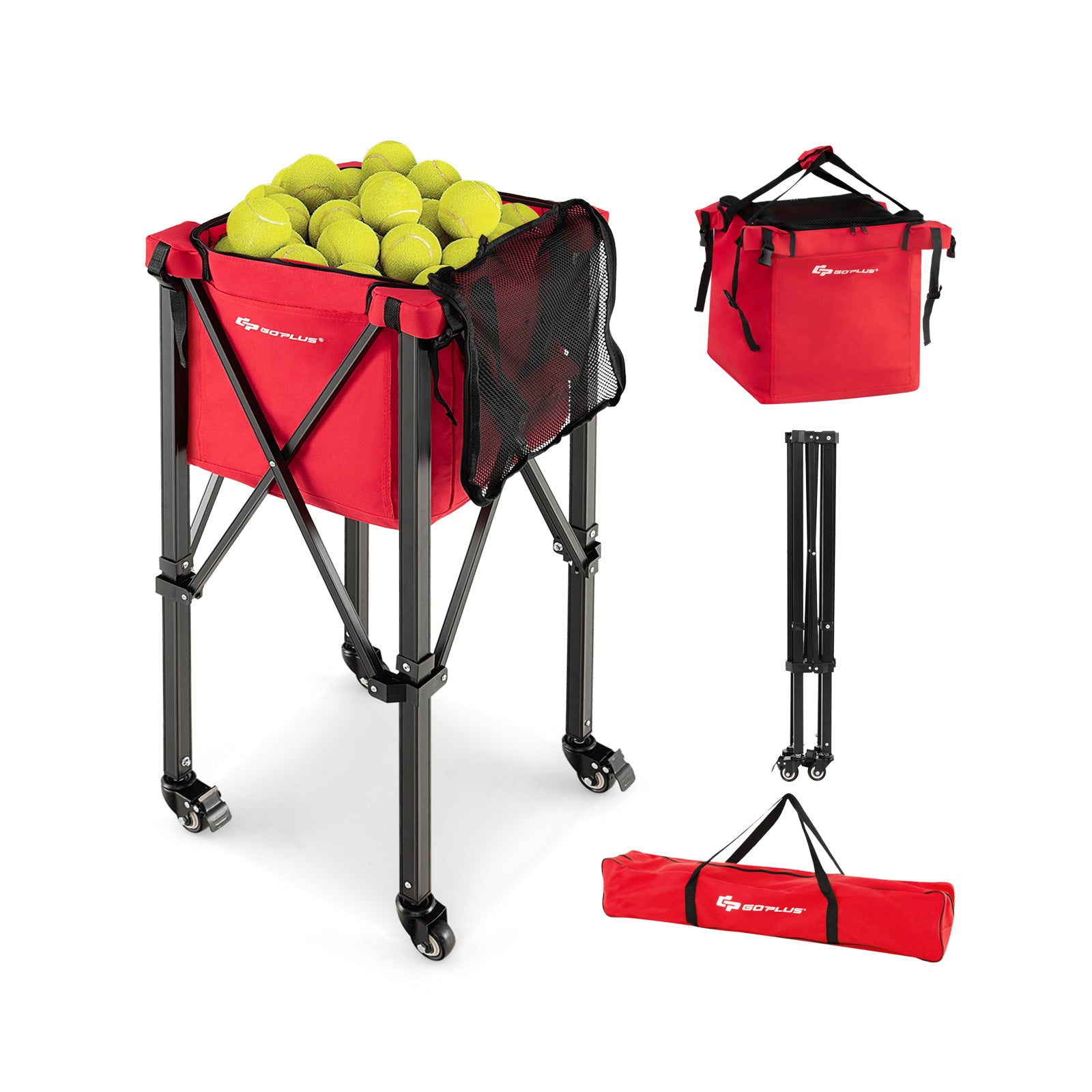 Lightweight Foldable Tennis Ball Teaching Cart with Wheels and Removable Bag-Red - Red