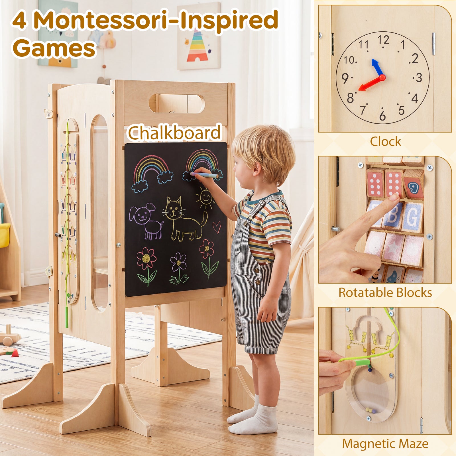 Foldable Toddler Tower with 2-Step Stool and Safety Net for 3+ Years Old