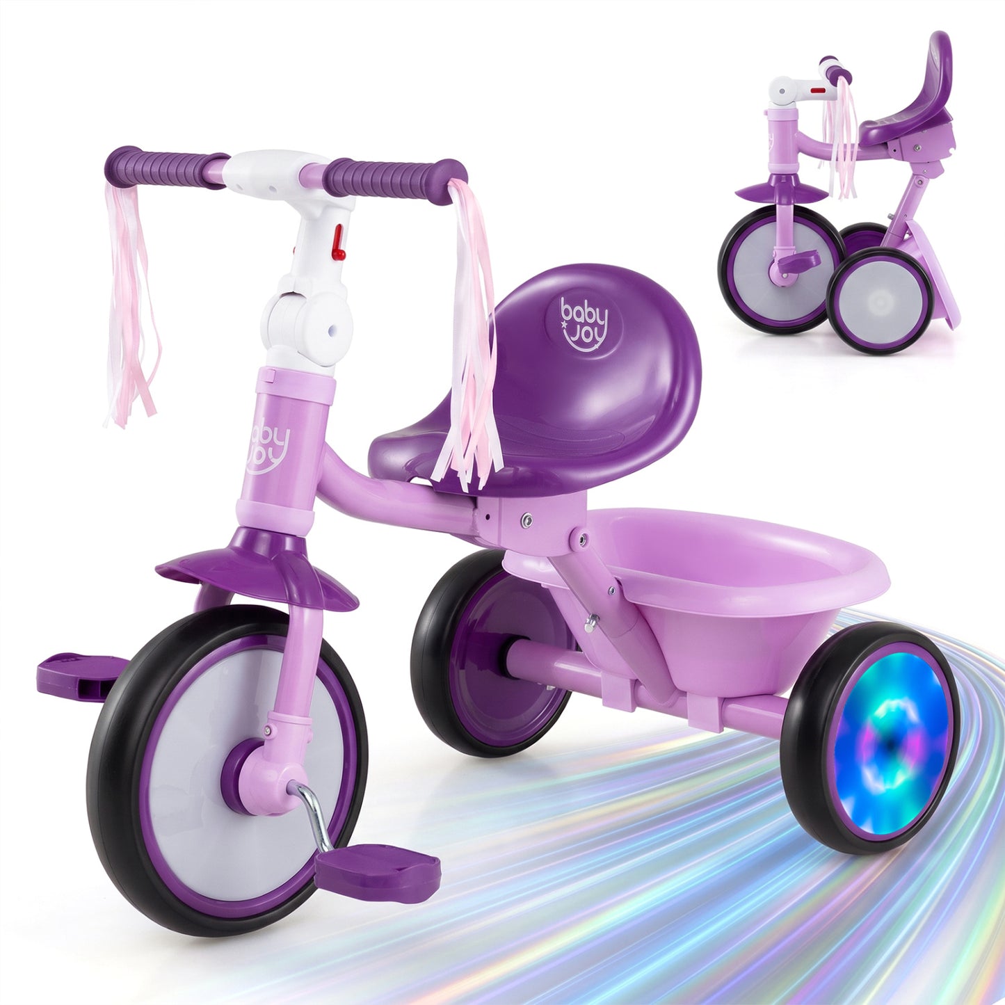 Foldable Toddler Tricycle with Lighting Wheels and Basket