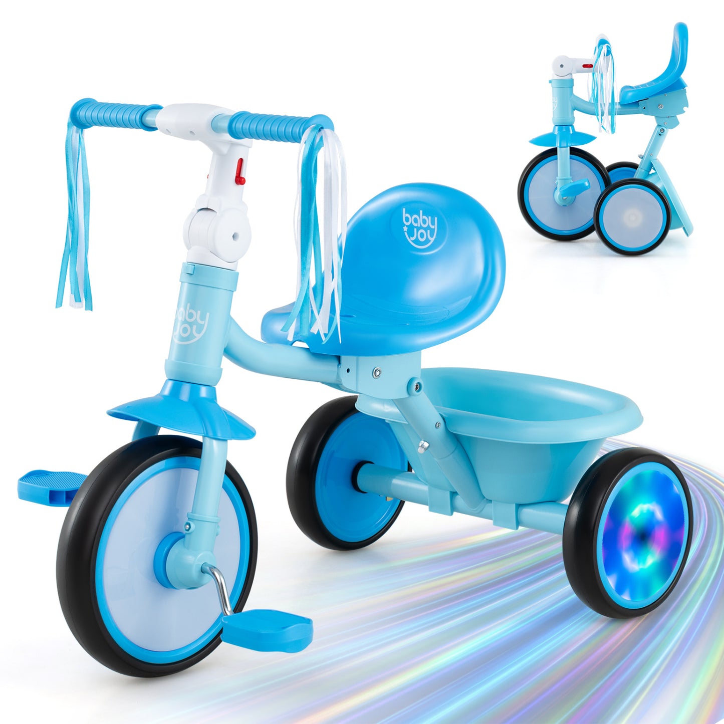 Foldable Toddler Tricycle with Lighting Wheels and Basket