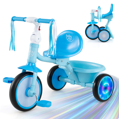 Foldable Toddler Tricycle with Lighting Wheels and Basket