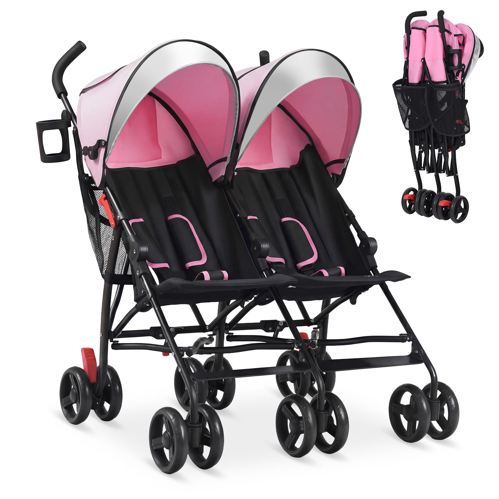 Foldable Twin Baby Double Stroller Ultralight Umbrella Kids Stroller-Black - Pink