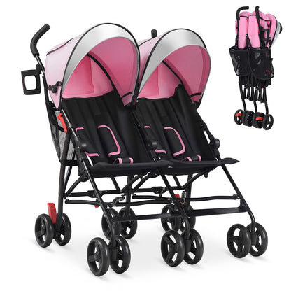 Foldable Twin Baby Double Stroller Ultralight Umbrella Kids Stroller-Black - Pink