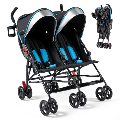 Foldable Twin Baby Double Stroller Ultralight Umbrella Kids Stroller-Black - Navy