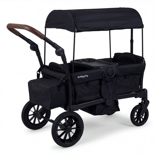 Foldable Wagon Stroller for 2 Kids Double Seater Toddler Stroller with Removable Canopy-Black