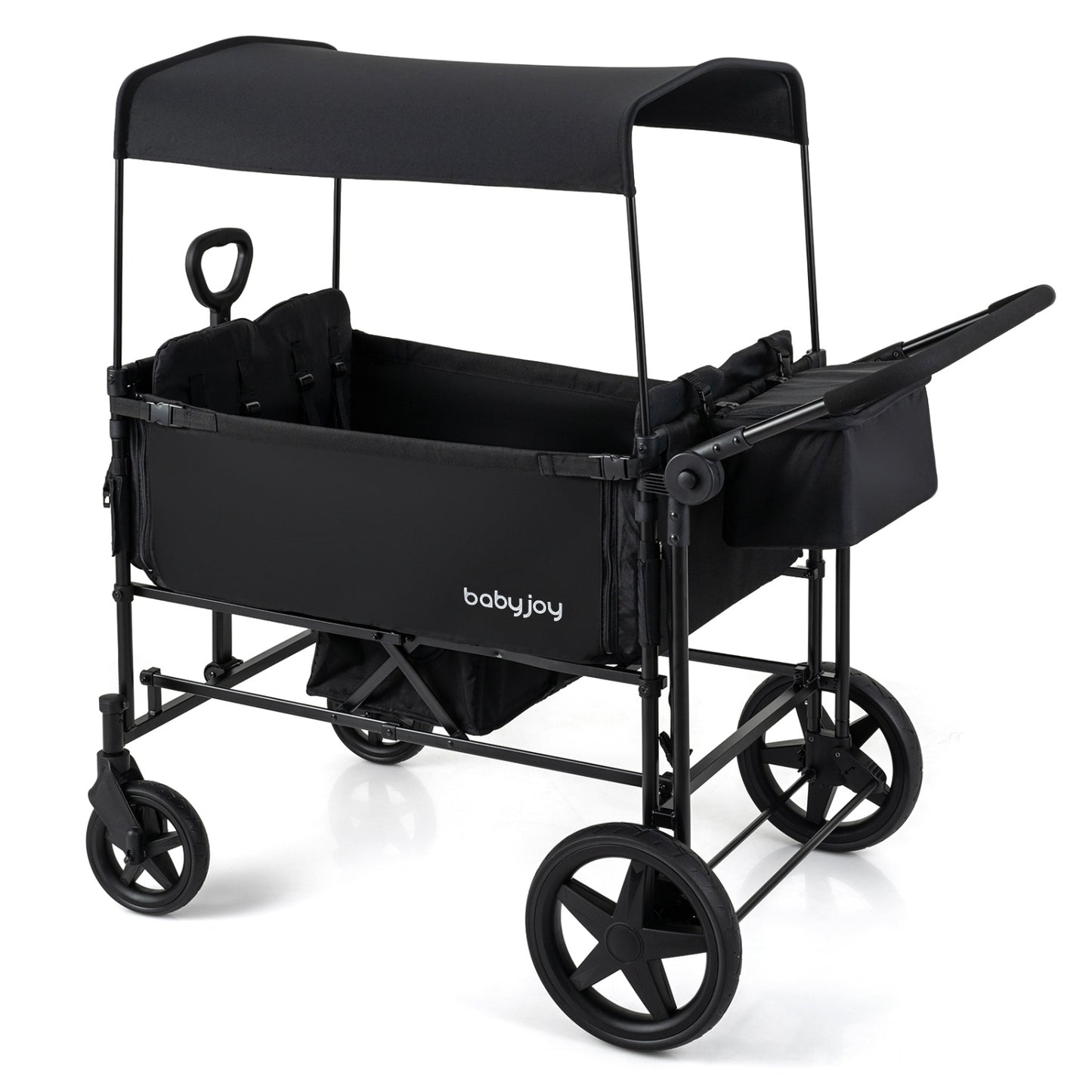 Foldable Wagon Stroller for 4 Kids with Removable Canopy and Adjustable Push