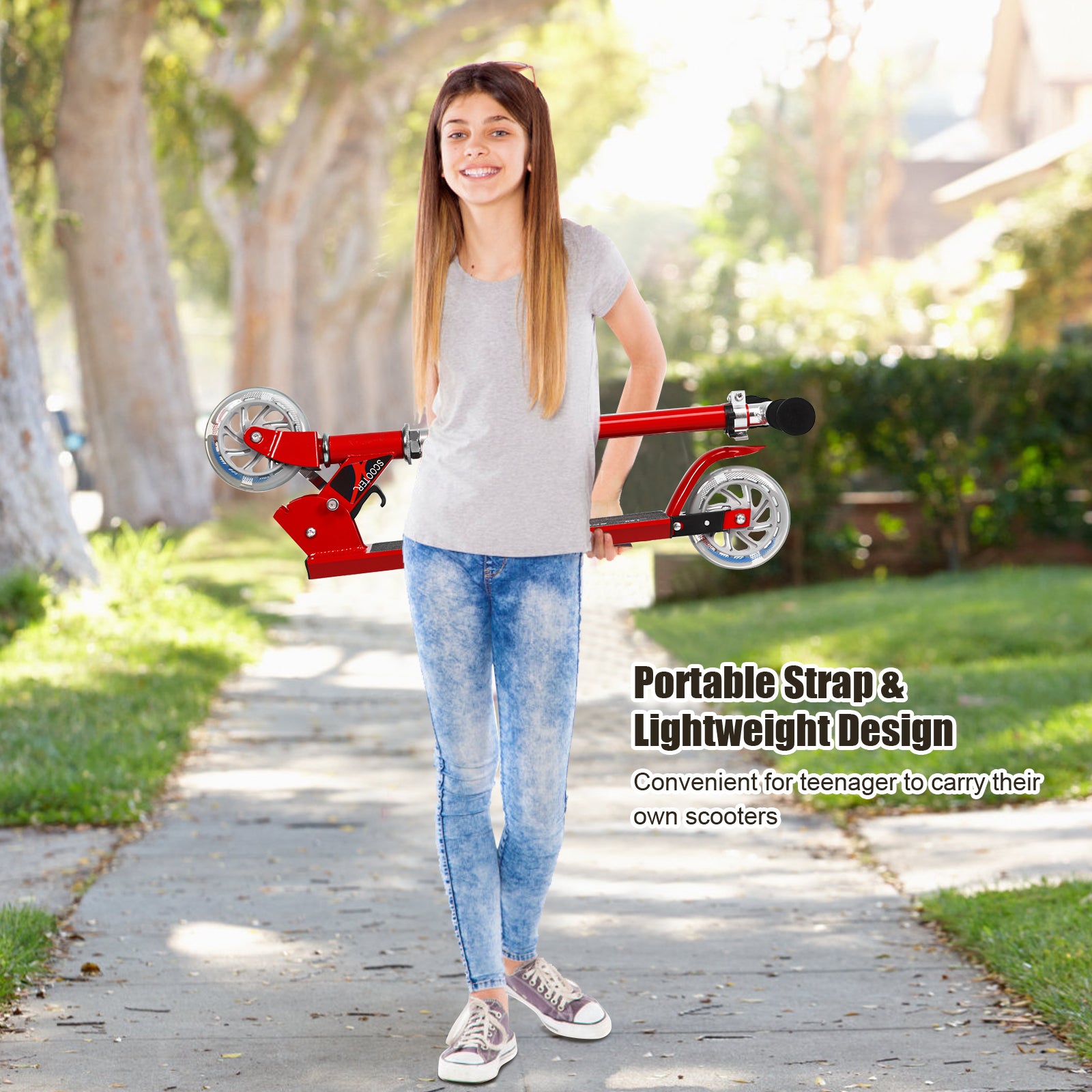Folding Aluminum Kids Kick Scooter with LED Lights-Red
