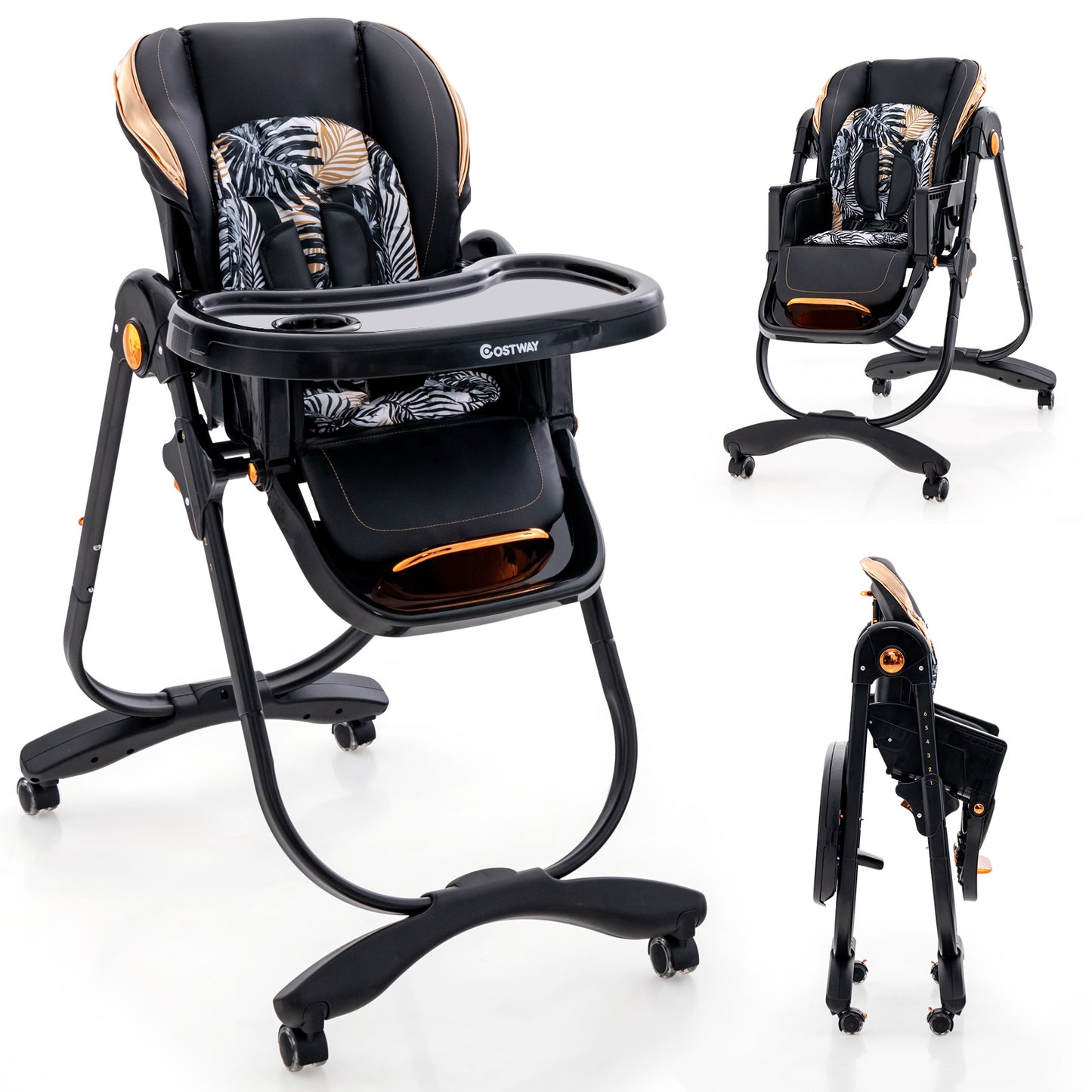 Folding Baby Dining High Chair with Adjustable Height and Recline-Gray - Black