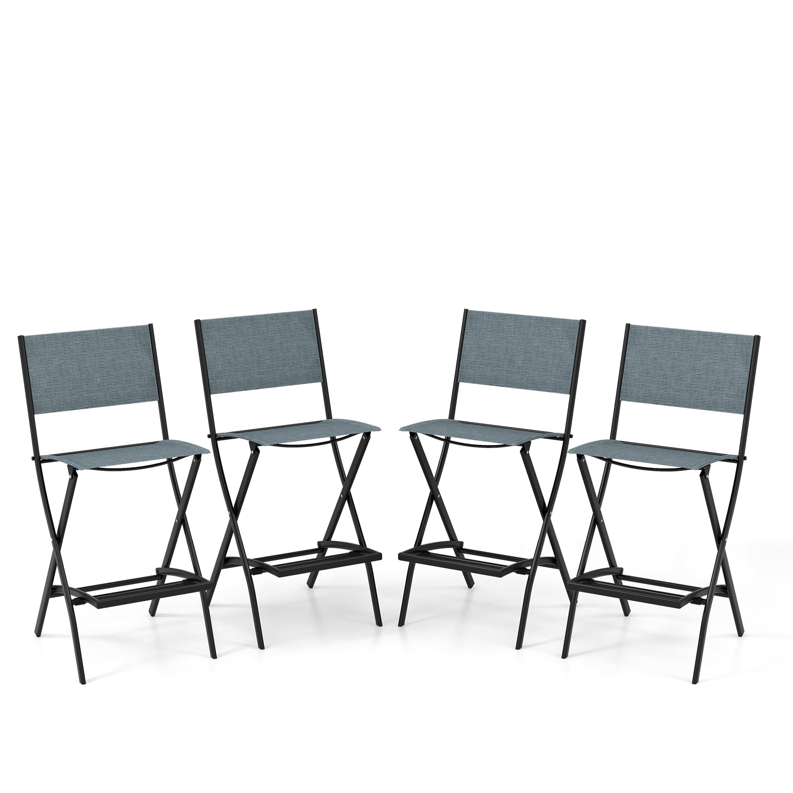 Outdoor Folding Bar Height Stool Set of 4 with Metal Frame and Footrest-Blue - Blue