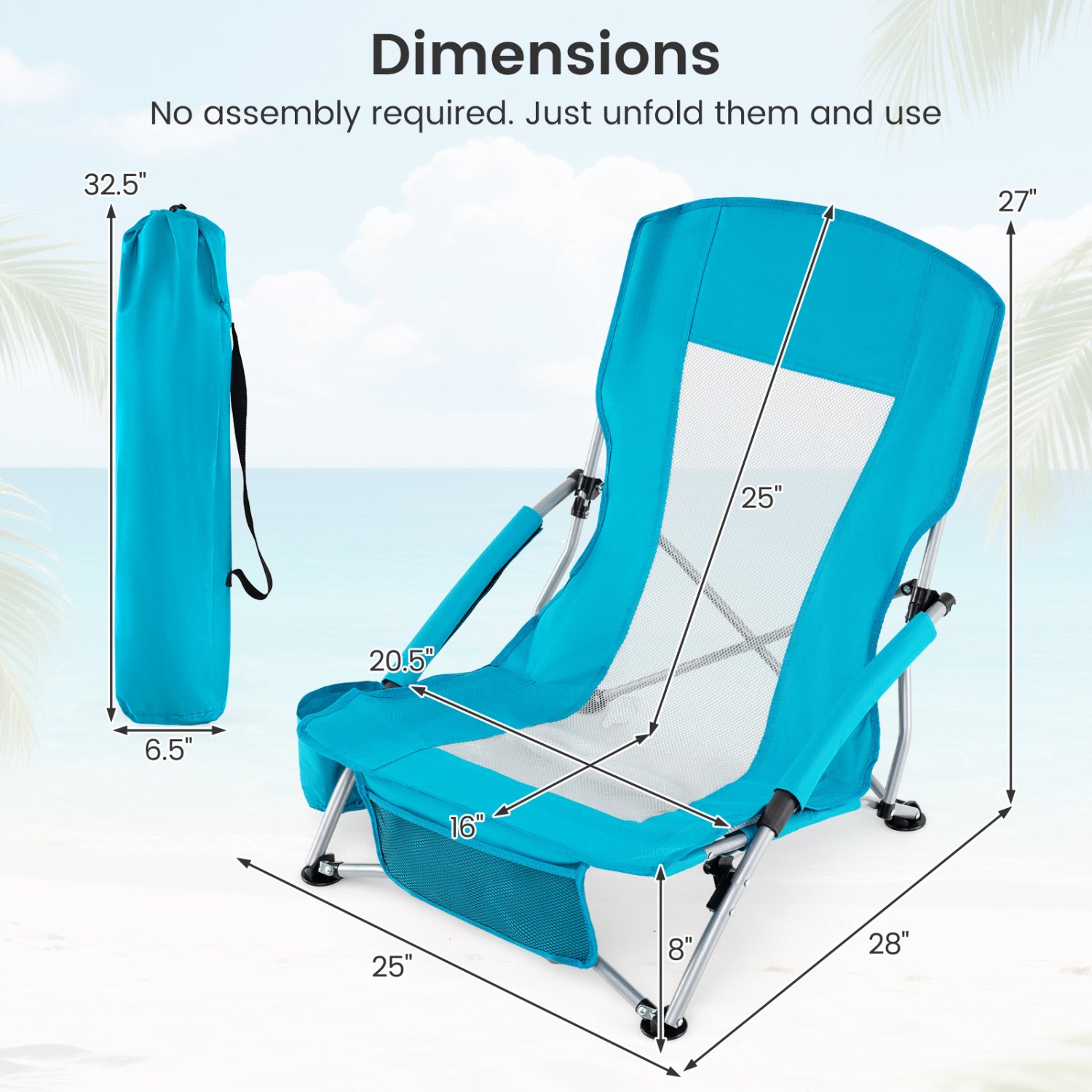 Folding Beach Chairs Set of 2 Portable Lightweight Low Seat Chairs with Padded Armrests