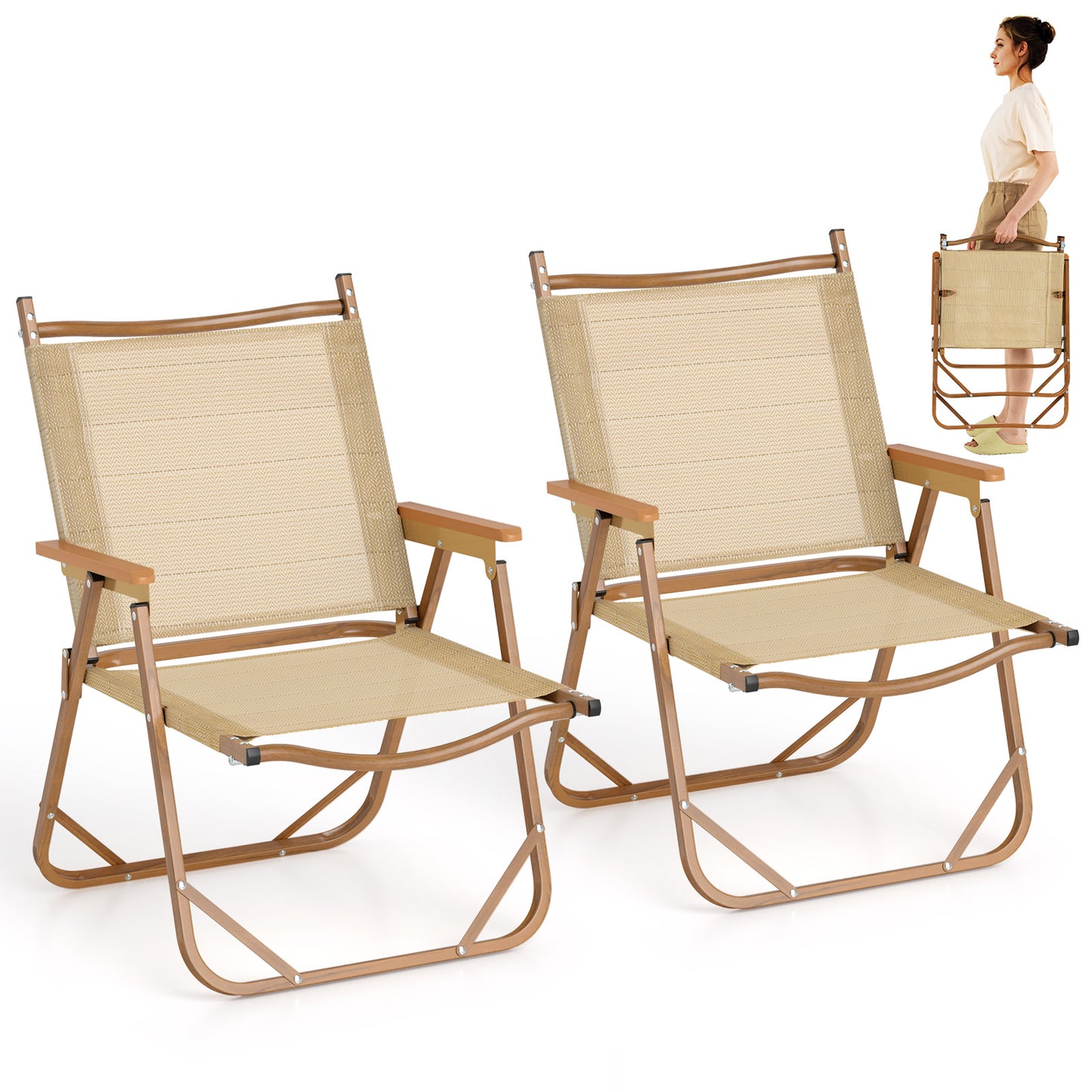 Folding Camp Chairs Set of 2 Lightweight Beach Chairs-Beige