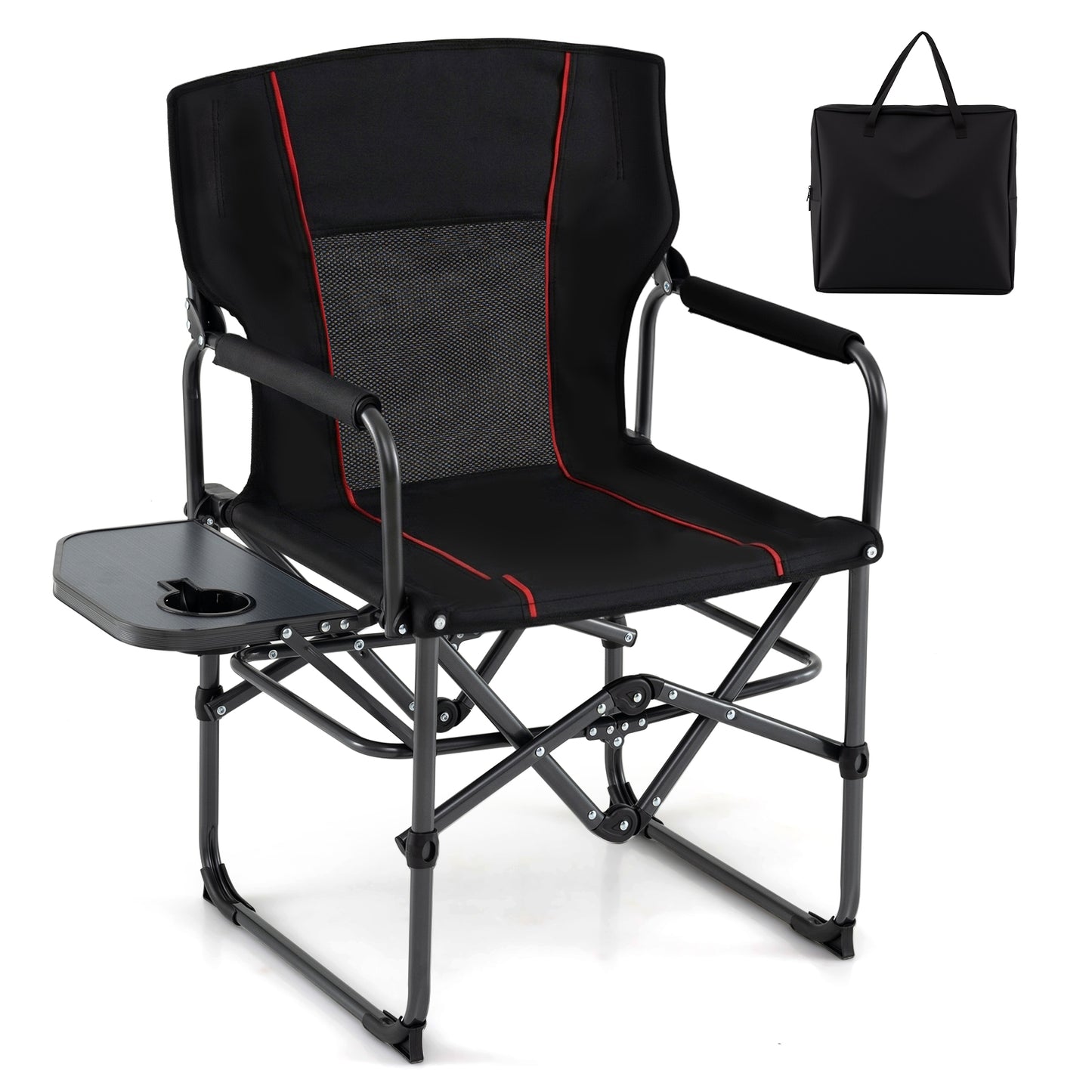 Folding Camping Chair with Side Table and Cup Holder with Carrying Bag-Black