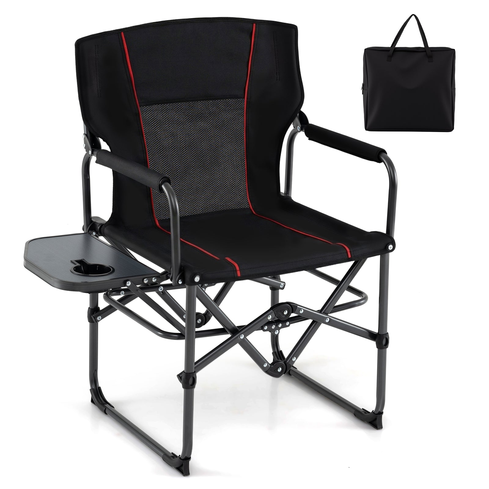 Folding Camping Chair with Side Table and Cup Holder with Carrying Bag-Black