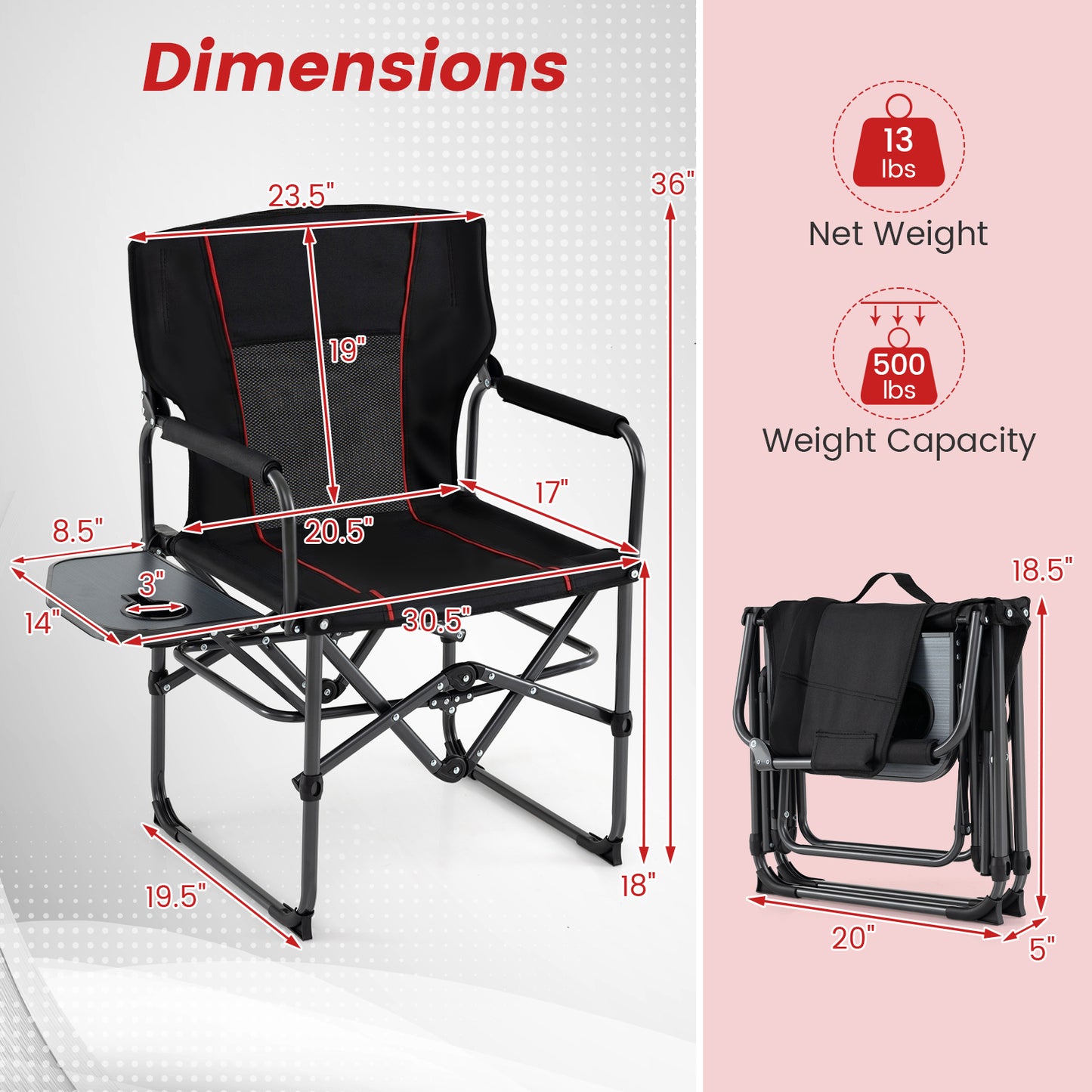 Folding Camping Chair with Side Table and Cup Holder with Carrying Bag-Black