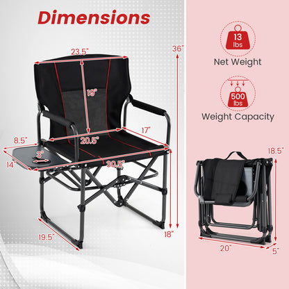 Folding Camping Chair with Side Table and Cup Holder with Carrying Bag-Black