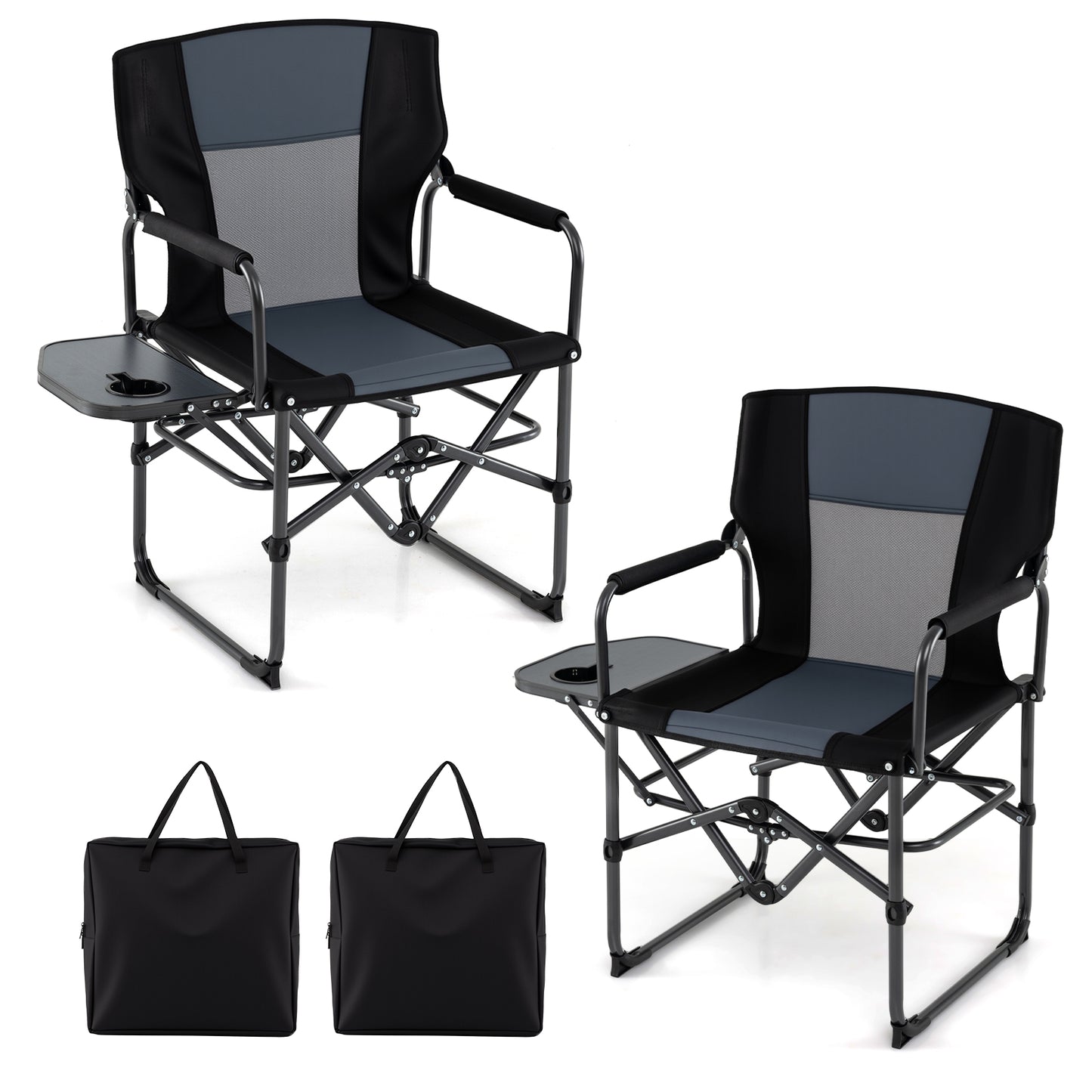 Folding Camping Chair with Side Table and Cup Holder with Carrying Bag-Black & Gray
