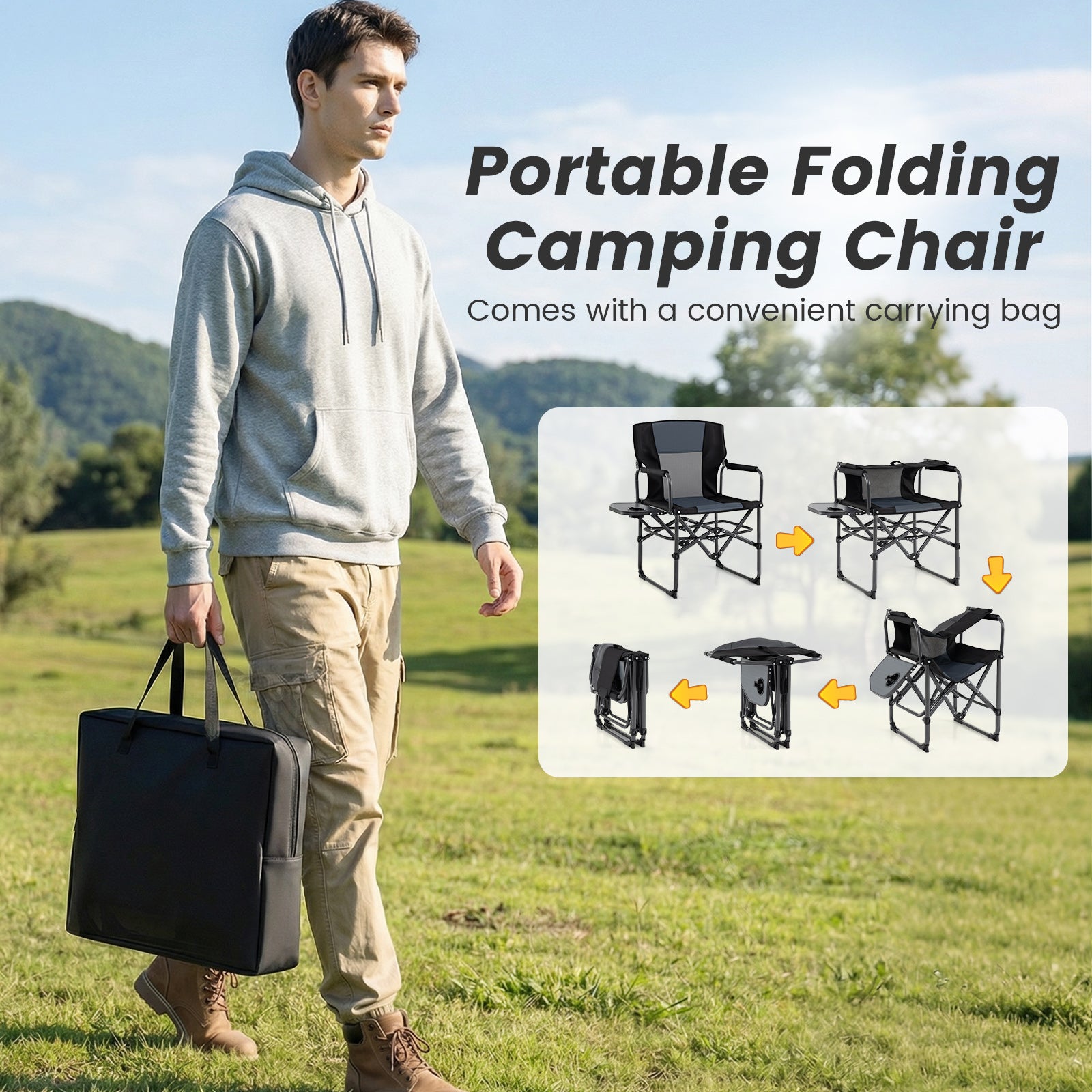 Folding Camping Chair with Side Table and Cup Holder with Carrying Bag-Black & Gray