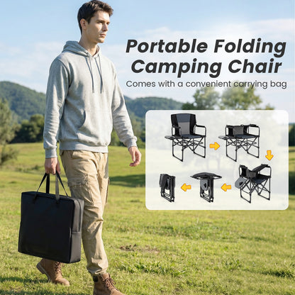Folding Camping Chair with Side Table and Cup Holder with Carrying Bag-Black & Gray