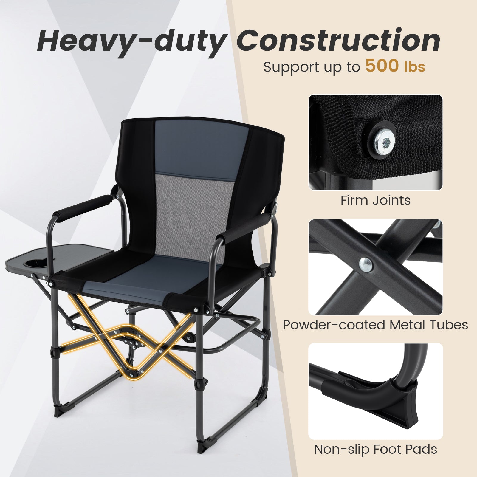 Folding Camping Chair with Side Table and Cup Holder with Carrying Bag-Black & Gray