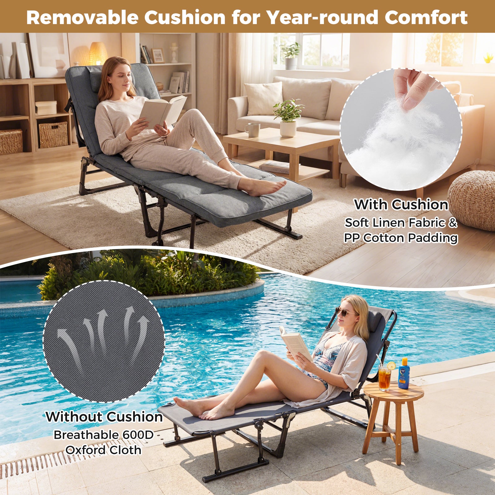 Folding Camping Cot with Mattress 3 in 1 Convertible Single Sofa Chaise Lounge Chair Sleeper-Gray