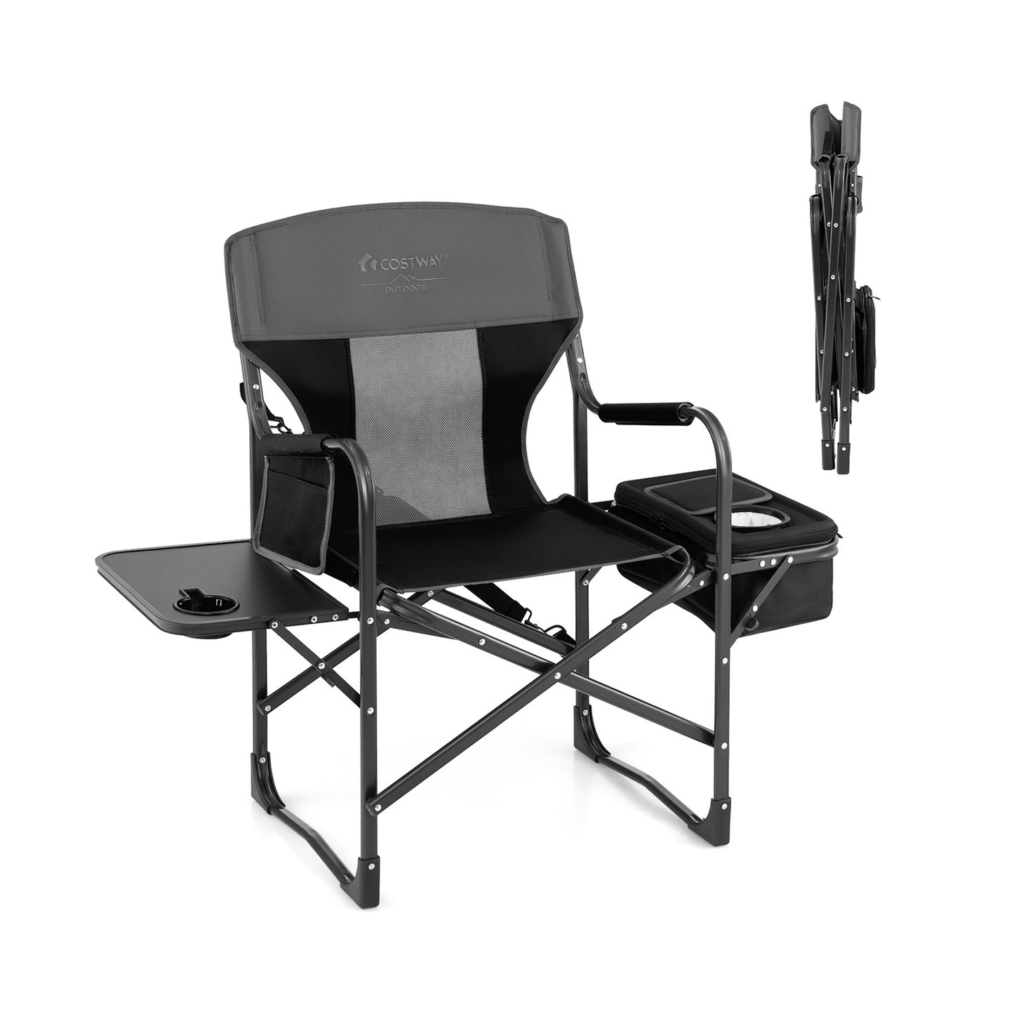 Folding Camping Directors Chair with Cooler Bag and Side Table-Black - Black