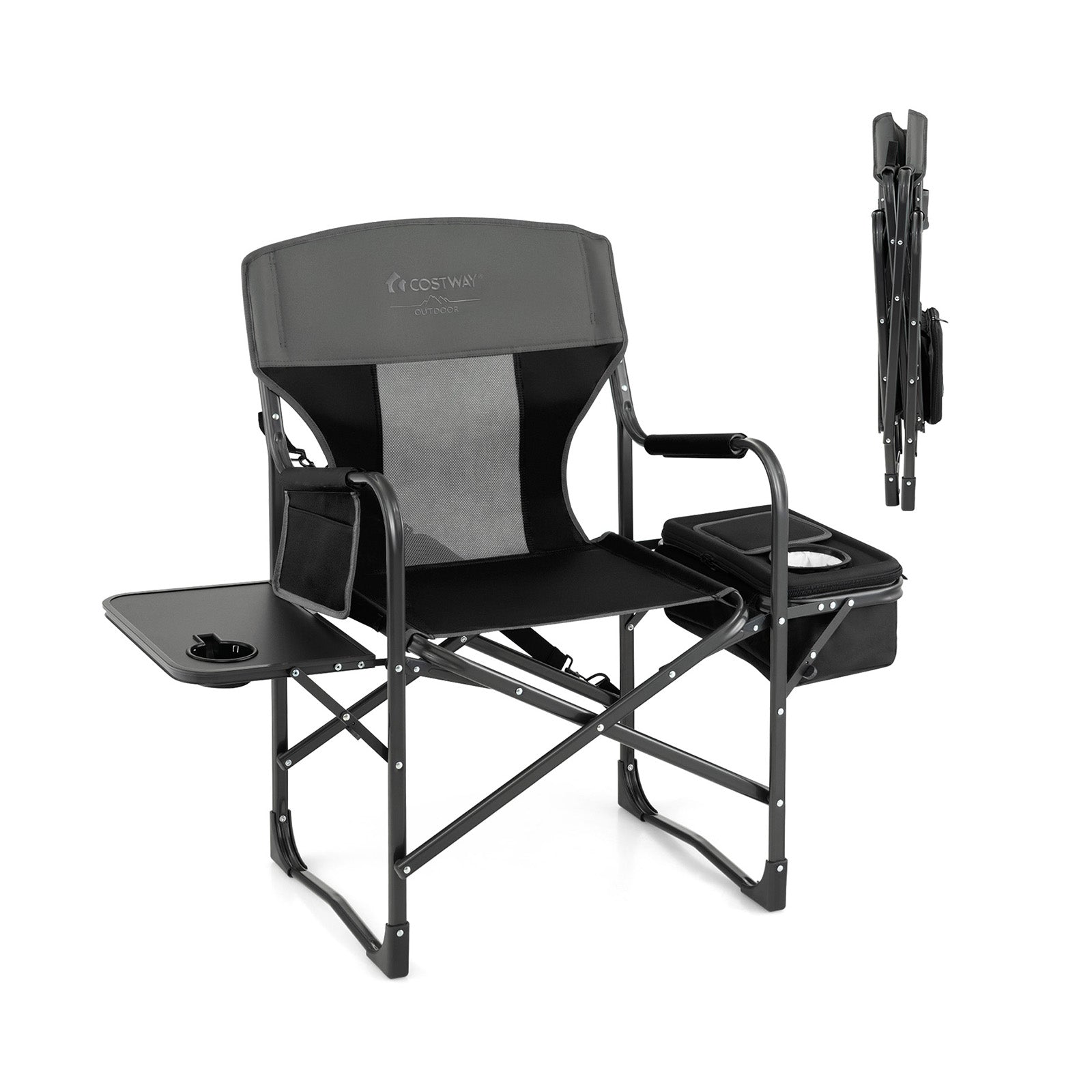 Folding Camping Directors Chair with Cooler Bag and Side Table-Black - Black