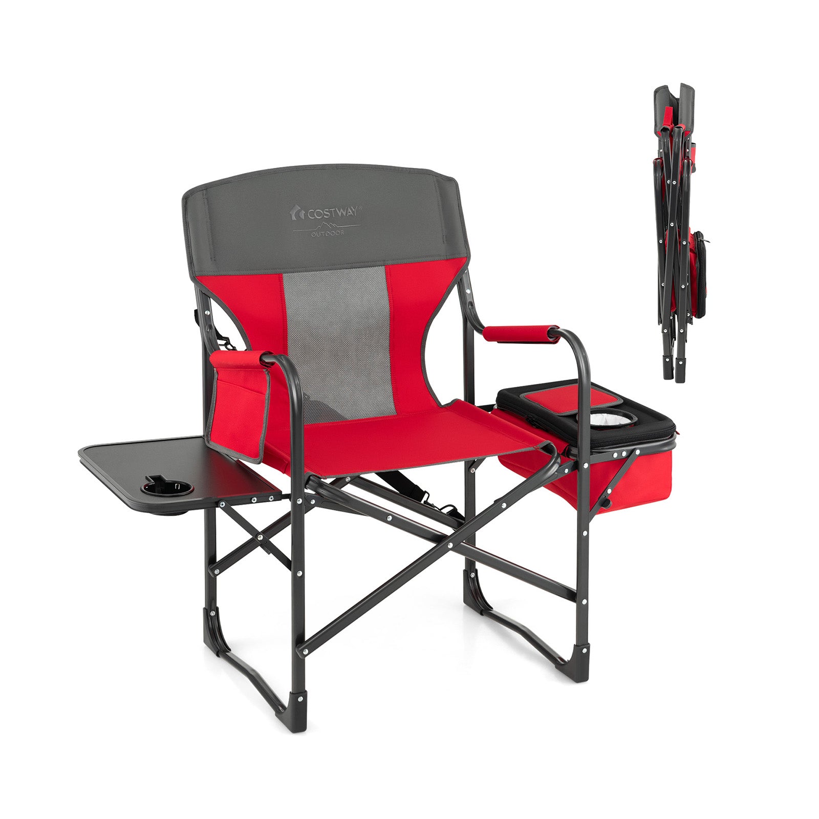 Folding Camping Directors Chair with Cooler Bag and Side Table-Black - Red