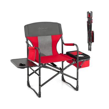 Folding Camping Directors Chair with Cooler Bag and Side Table-Black - Red