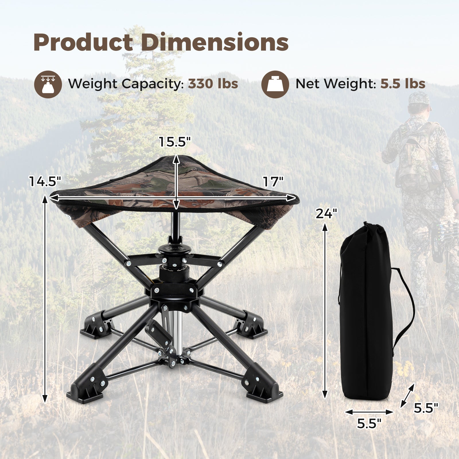 Folding Camping Stool 360¬∞ Swivel Hunting Chair with Anti-Sink Feet-Camouflage