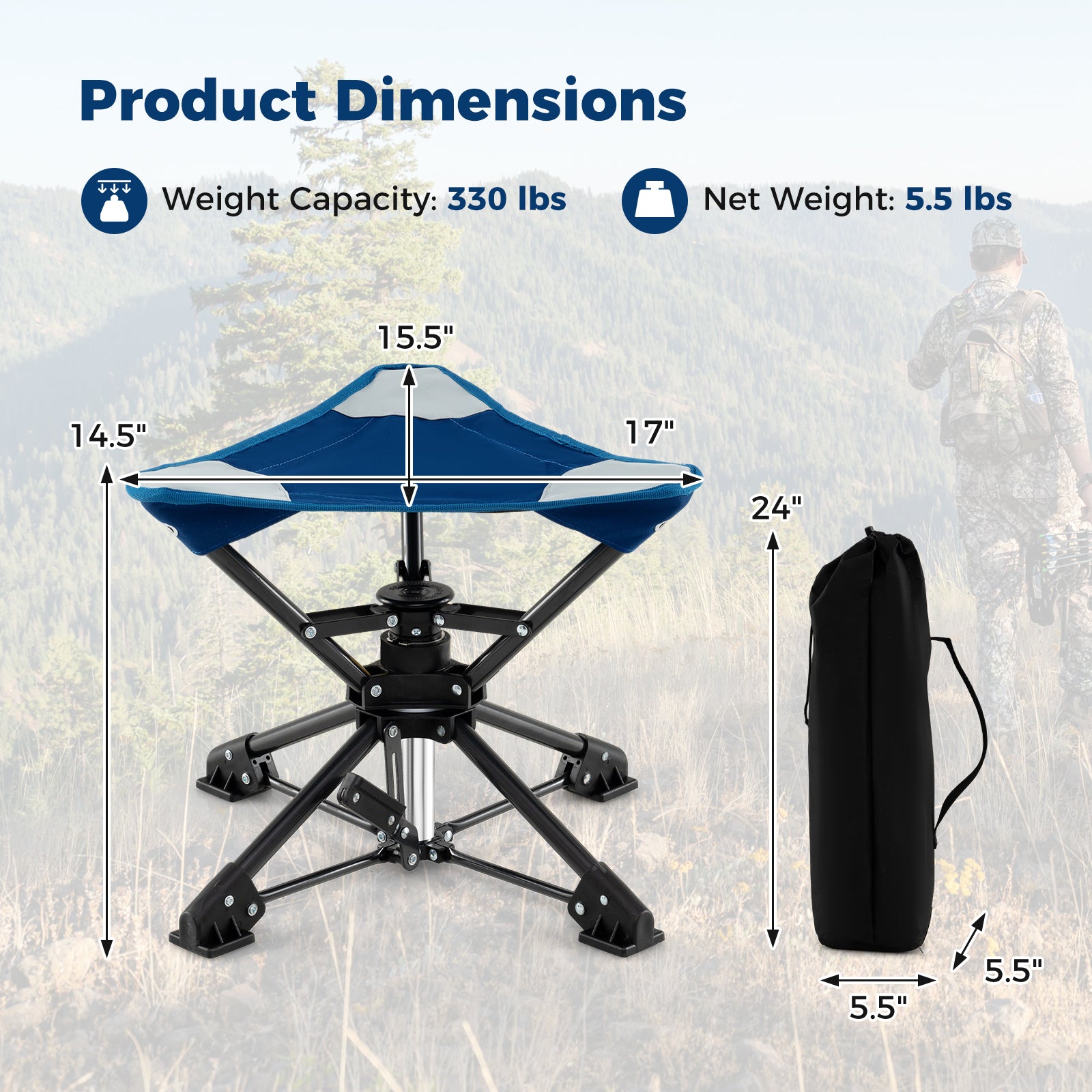 Folding Camping Stool 360¬∞ Swivel Hunting Chair with Anti-Sink Feet-Blue