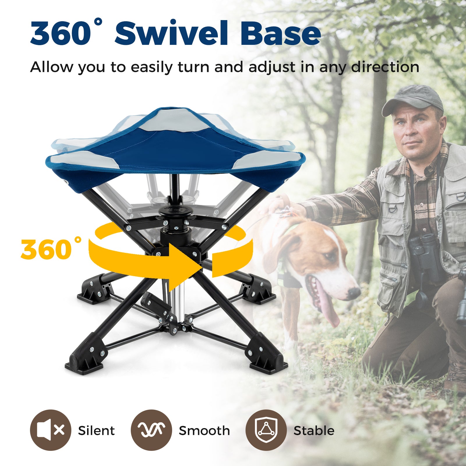 Folding Camping Stool 360¬∞ Swivel Hunting Chair with Anti-Sink Feet-Blue