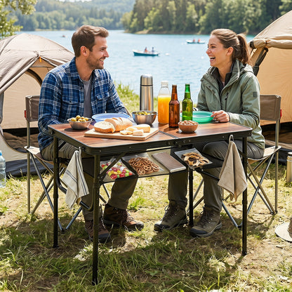 Folding Camping Table with Adjustable Heights Storage Net & Handle