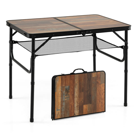 Folding Camping Table with Adjustable Heights Storage Net & Handle