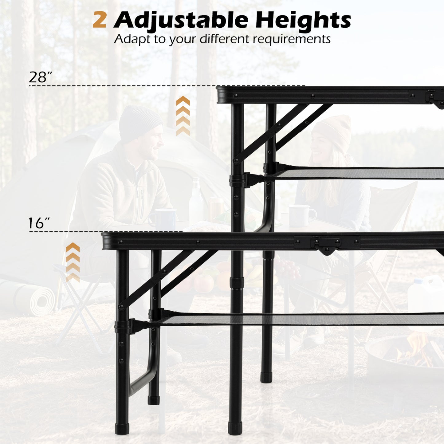 Folding Camping Table with Adjustable Heights Storage Net & Handle