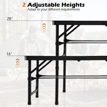 Folding Camping Table with Adjustable Heights Storage Net & Handle