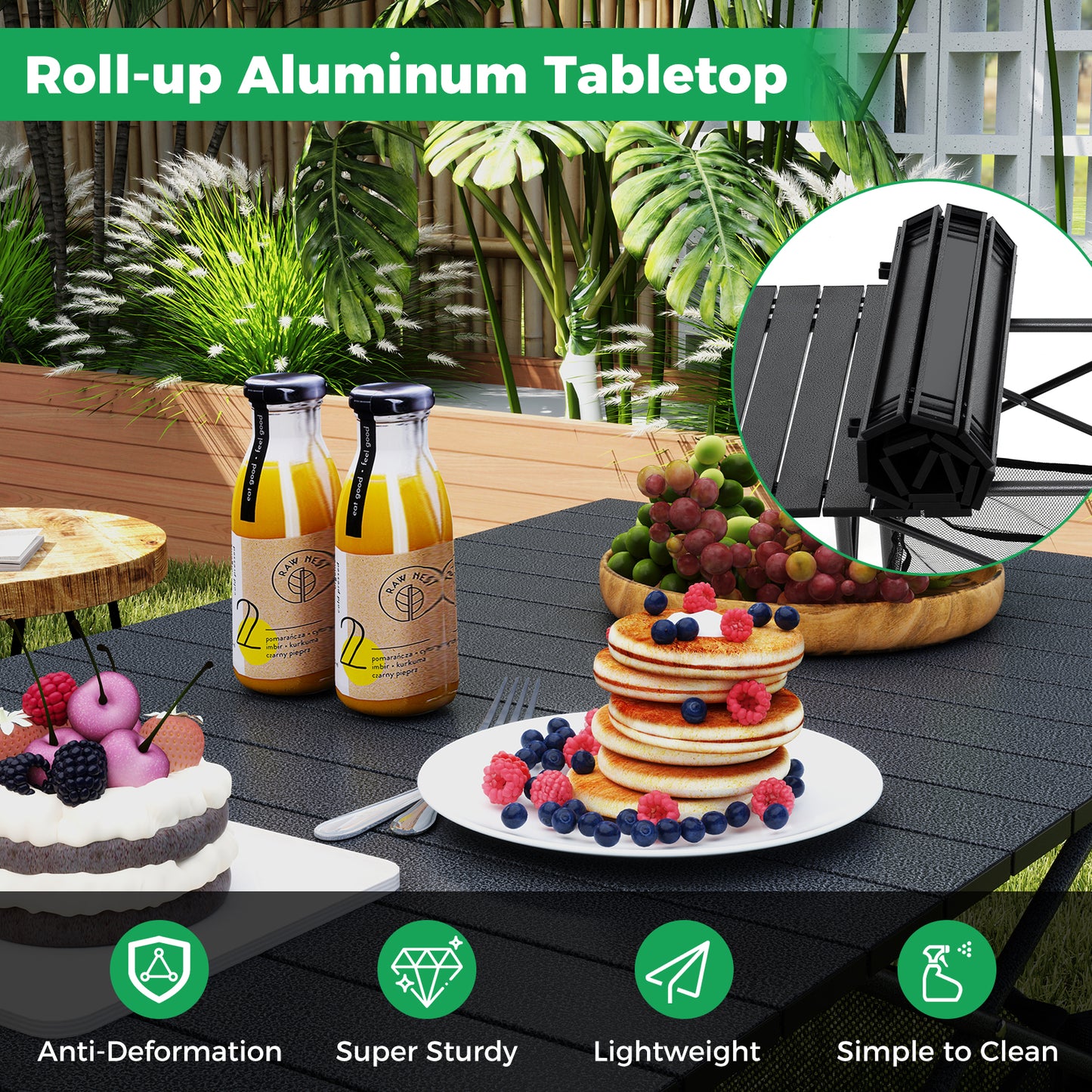 Patio Folding Camping Table with Roll-up Tabletop and Mesh Basket-Black