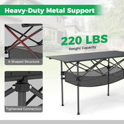 Patio Folding Camping Table with Roll-up Tabletop and Mesh Basket-Black