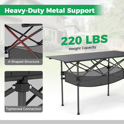 Patio Folding Camping Table with Roll-up Tabletop and Mesh Basket-Black
