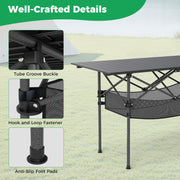Patio Folding Camping Table with Roll-up Tabletop and Mesh Basket-Black