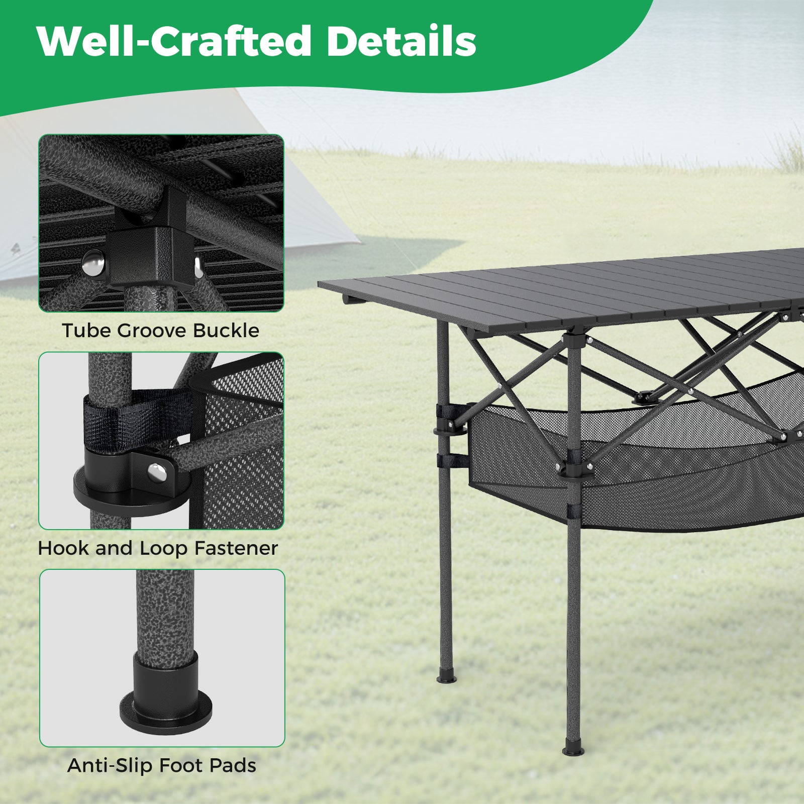 Patio Folding Camping Table with Roll-up Tabletop and Mesh Basket-Black