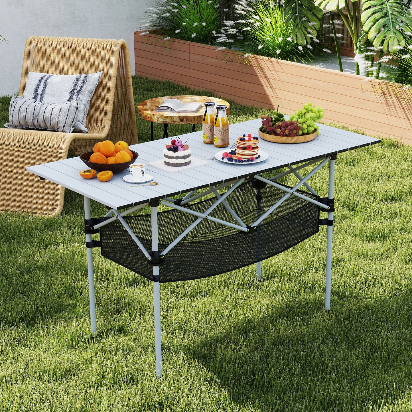 Patio Folding Camping Table with Roll-up Tabletop and Mesh Basket-Silver