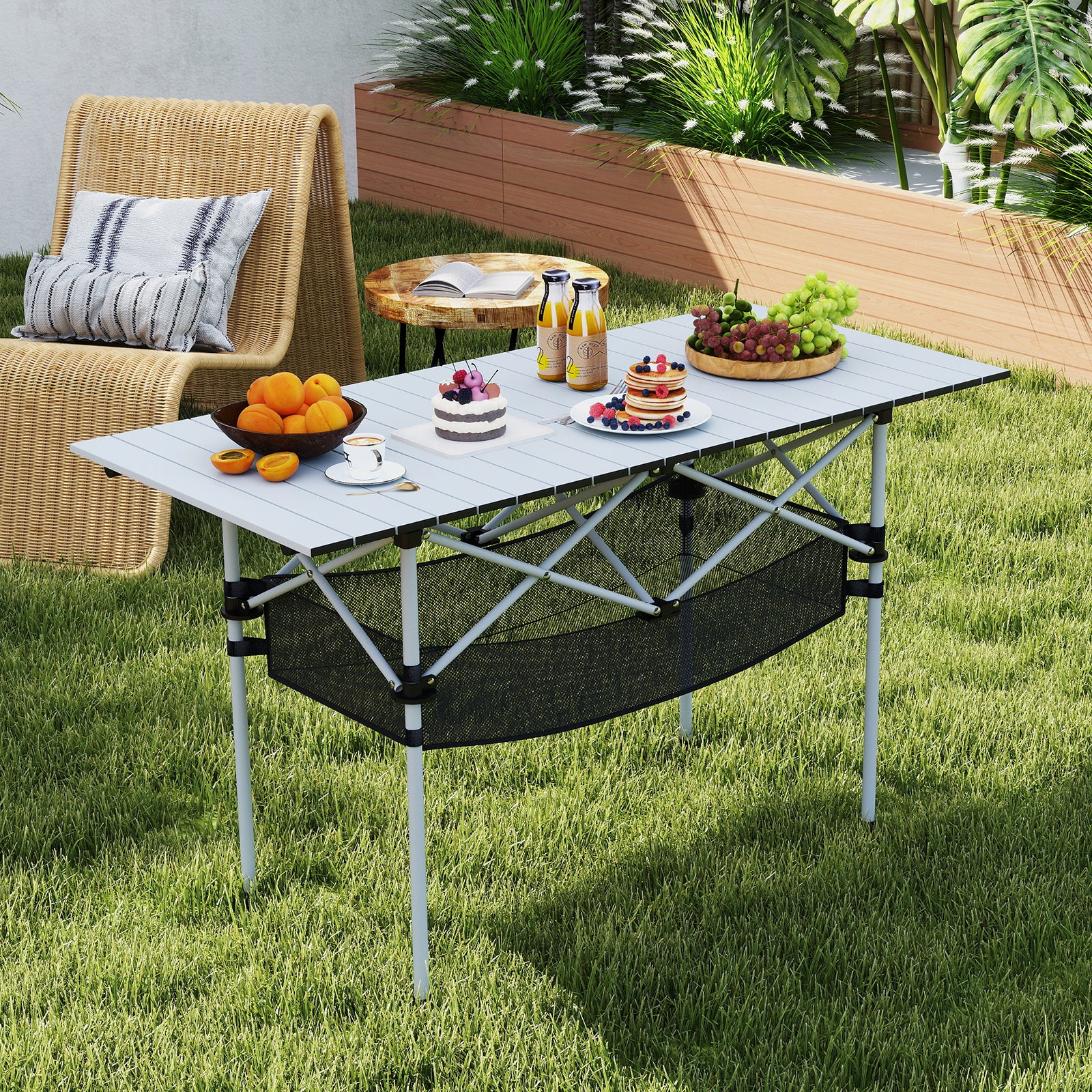 Patio Folding Camping Table with Roll-up Tabletop and Mesh Basket-Silver