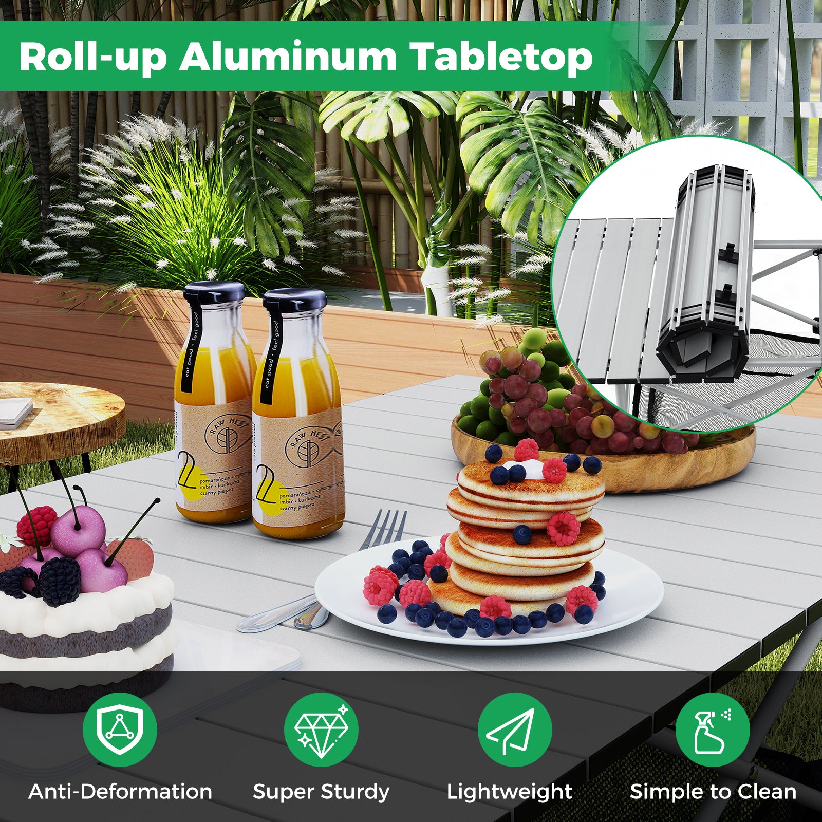 Patio Folding Camping Table with Roll-up Tabletop and Mesh Basket-Silver