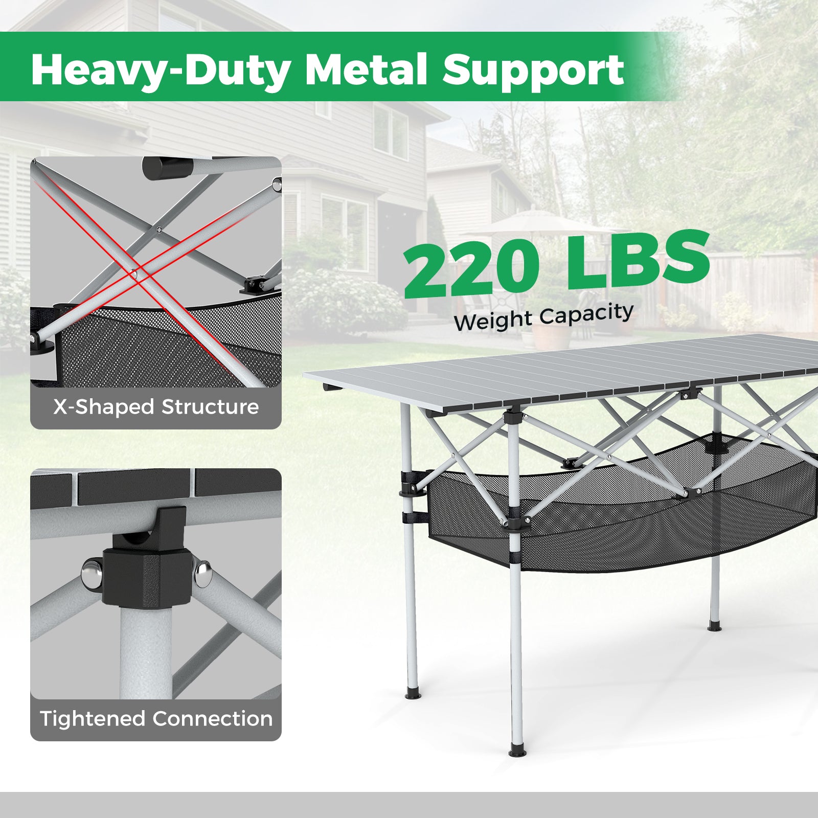 Patio Folding Camping Table with Roll-up Tabletop and Mesh Basket-Silver