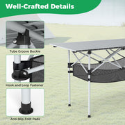Patio Folding Camping Table with Roll-up Tabletop and Mesh Basket-Silver