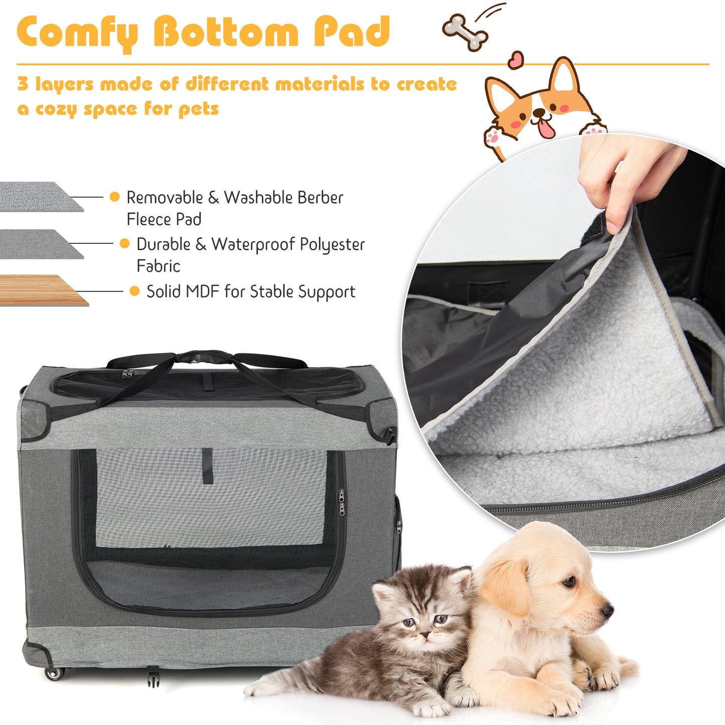 Portable Folding Dog Soft Crate Cat Carrier with 4 Lockable Wheels-XL